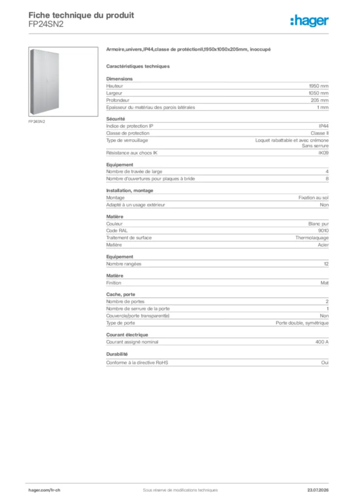 Image Hager Fiche technique du produit FP24SN2 | Hager Suisse