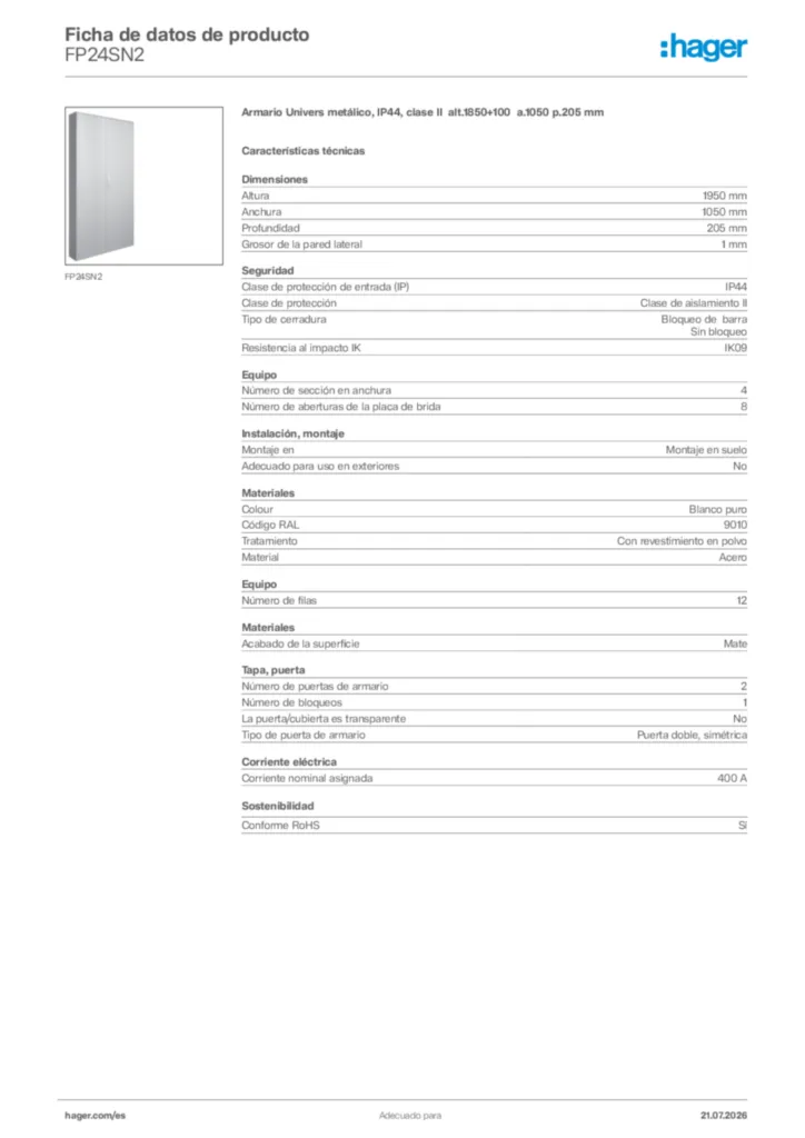 Imagen Hager Ficha de datos de producto FP24SN2 | Hager España