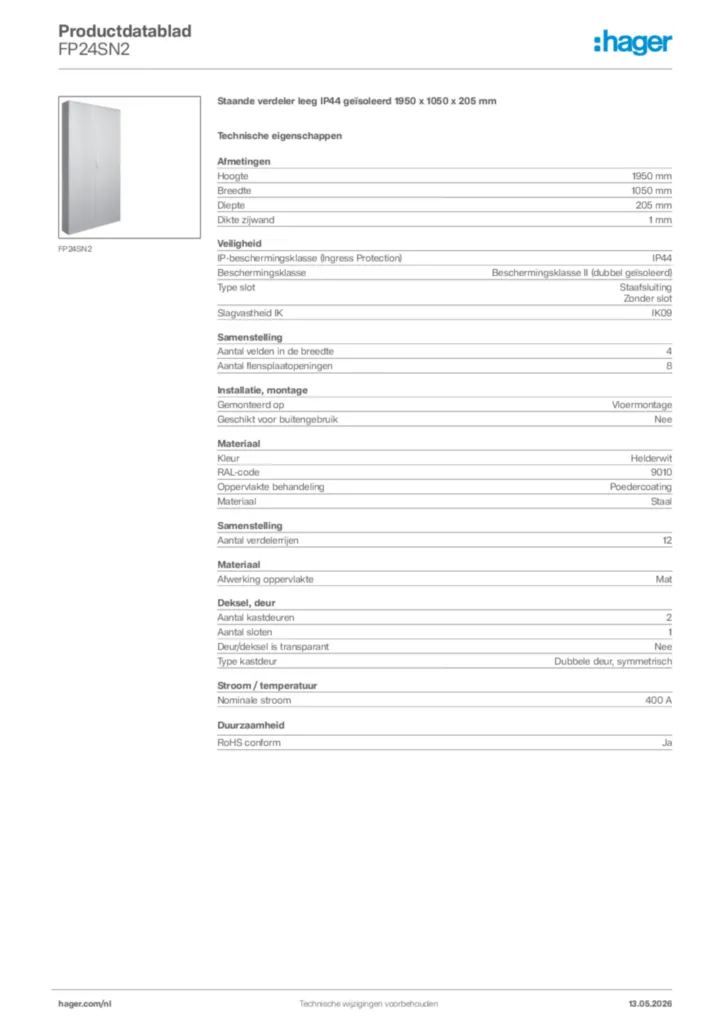 Afbeelding Hager Productdatablad FP24SN2 | Hager Nederland