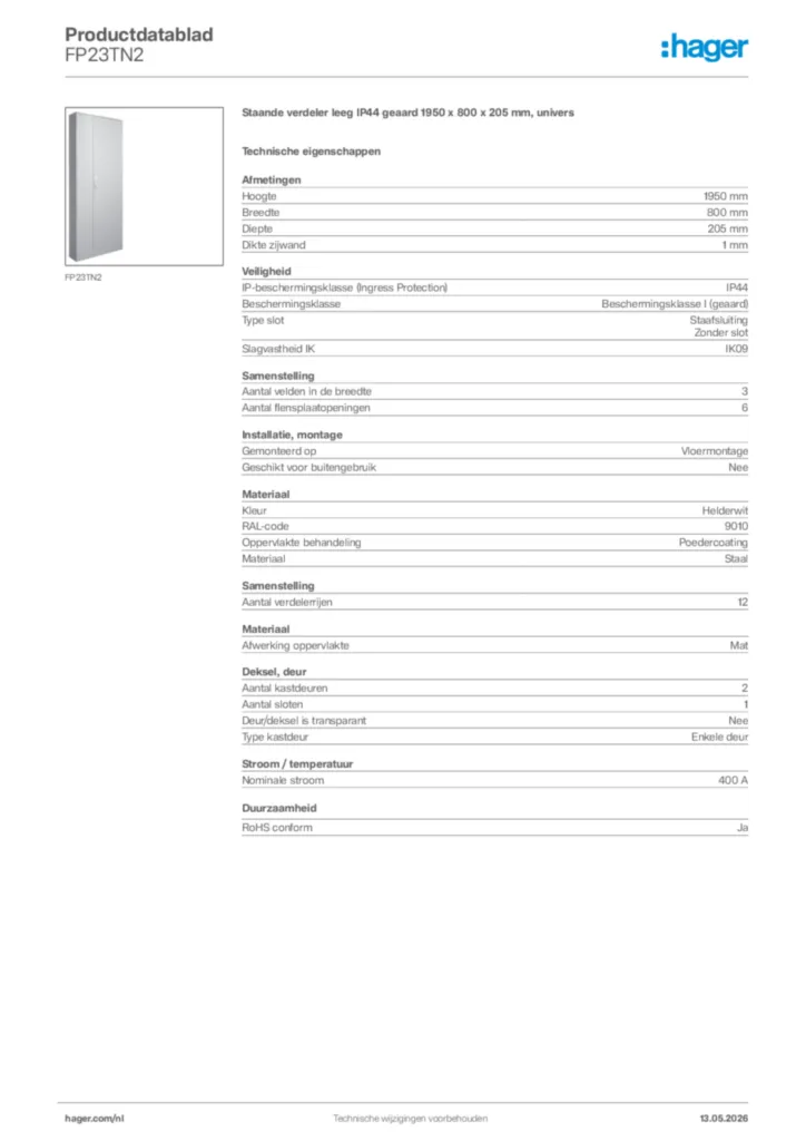 Afbeelding Hager Productdatablad FP23TN2 | Hager Nederland