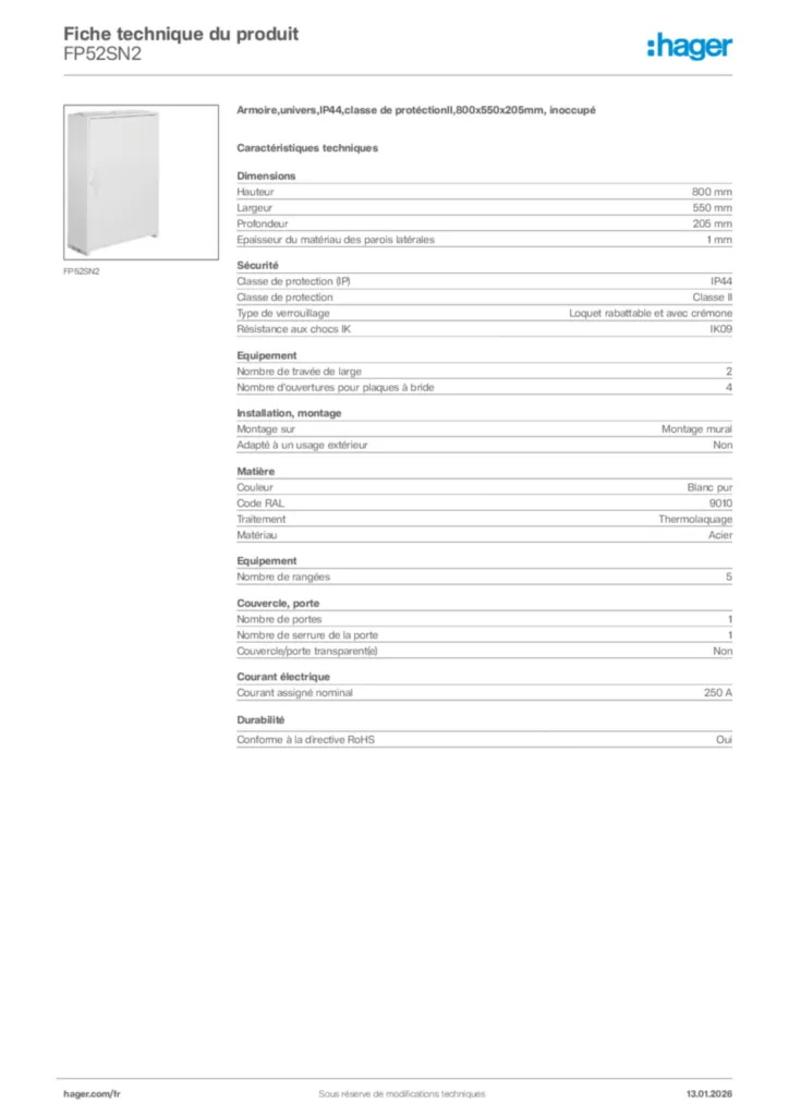 Image Hager Fiche technique du produit FP52SN2 | Hager France