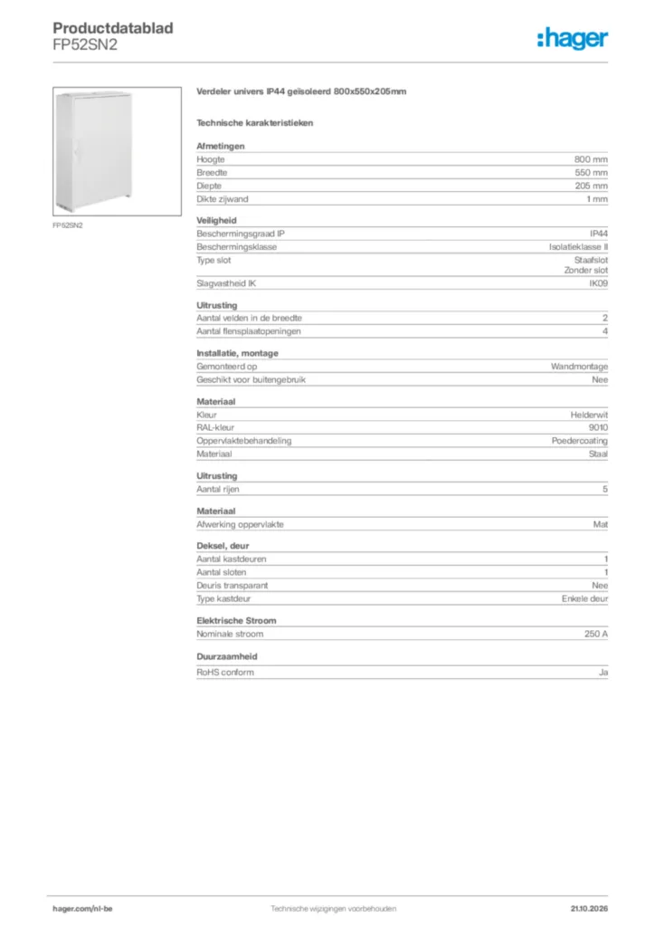 Afbeelding Hager Productdatablad FP52SN2 | Hager Belgium