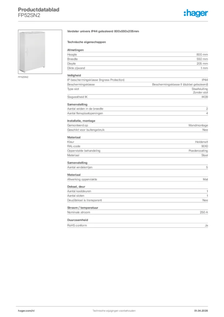 Afbeelding Hager Productdatablad FP52SN2 | Hager Nederland