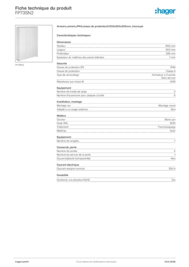 Image Hager Fiche technique du produit FP73SN2 | Hager France