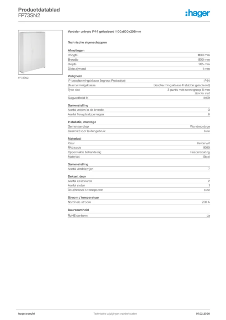 Afbeelding Hager Productdatablad FP73SN2 | Hager Nederland