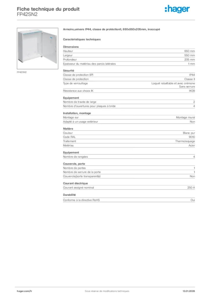 Image Hager Fiche technique du produit FP42SN2 | Hager France