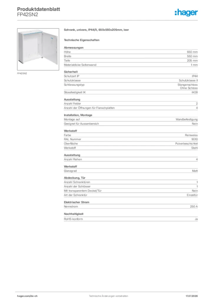 Bild Hager Produktdatenblatt FP42SN2 | Hager Schweiz