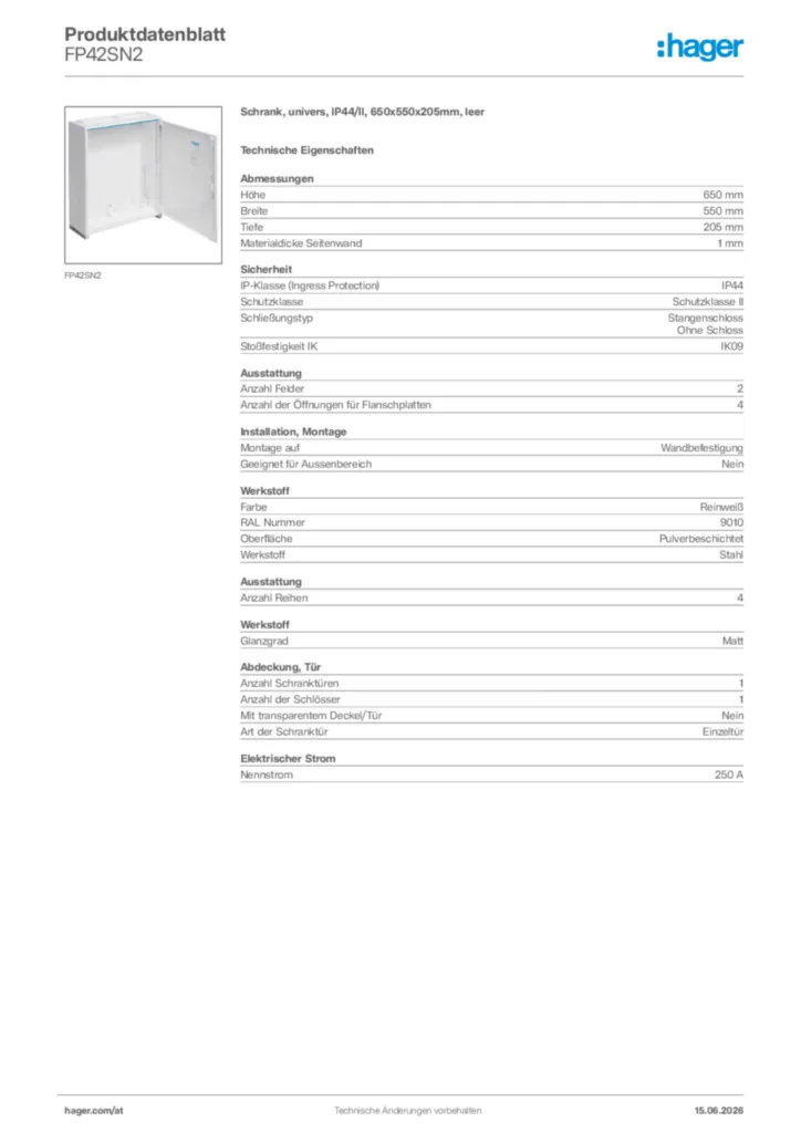 Bild Hager Produktdatenblatt FP42SN2 | Hager Deutschland