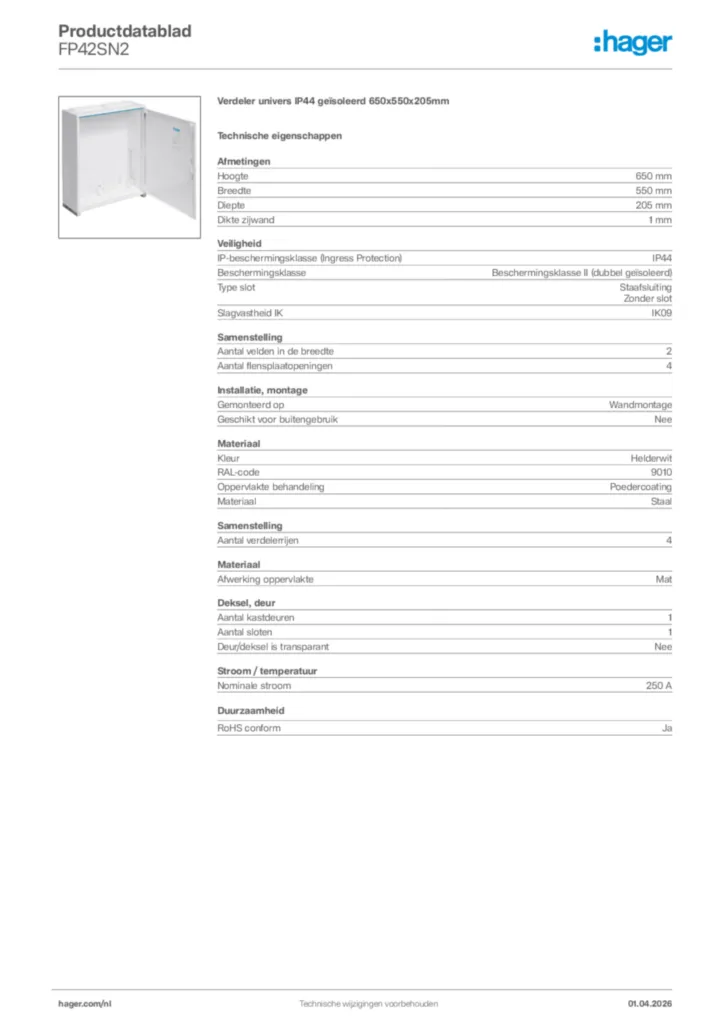 Afbeelding Hager Productdatablad FP42SN2 | Hager Nederland