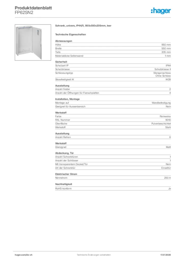 Bild Hager Produktdatenblatt FP62SN2 | Hager Schweiz