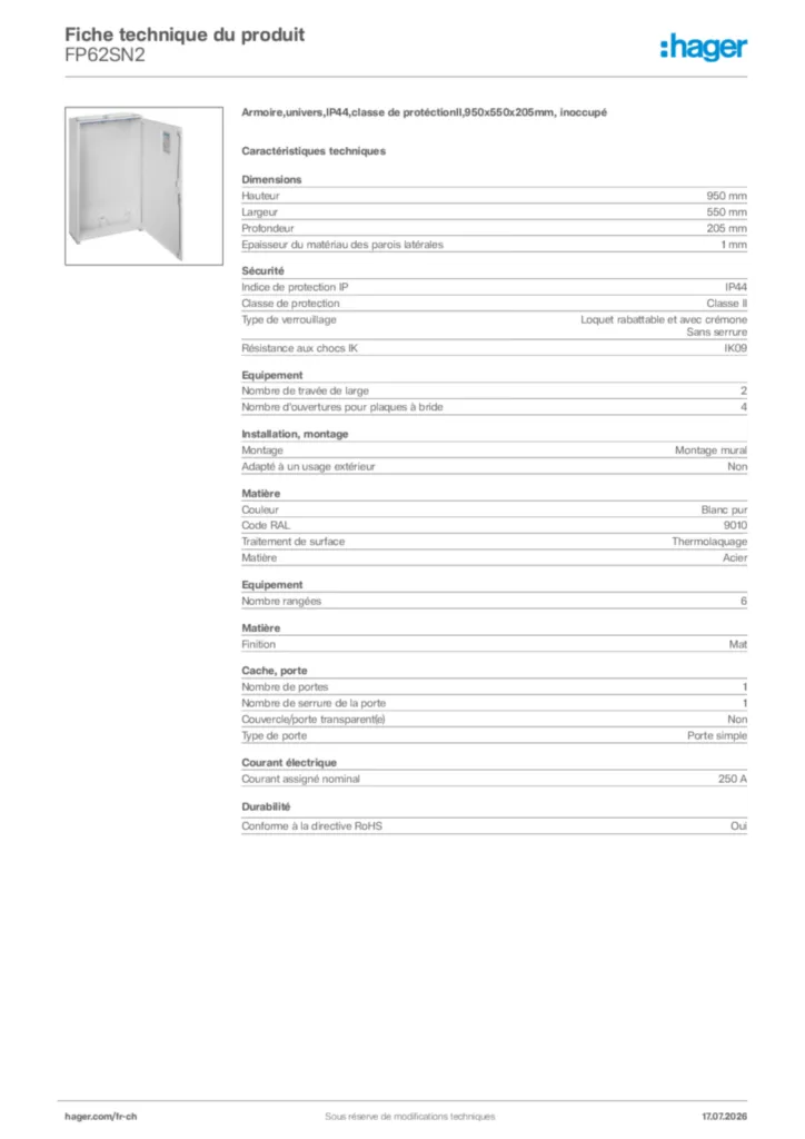 Image Hager Fiche technique du produit FP62SN2 | Hager Suisse