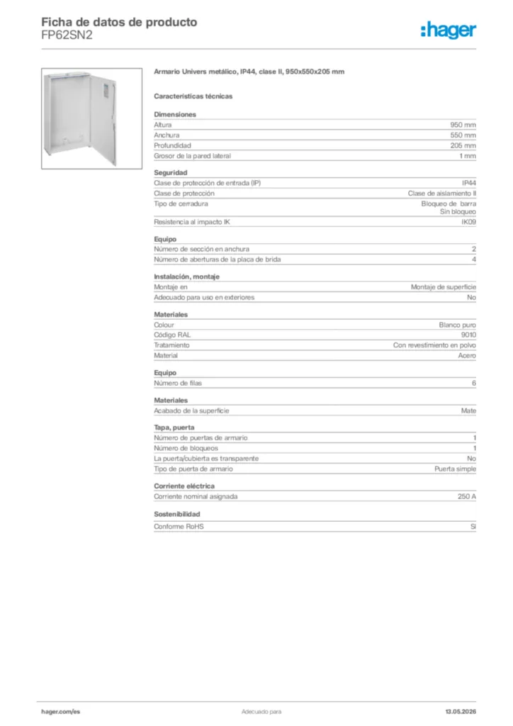 Imagen Hager Ficha de datos de producto FP62SN2 | Hager España