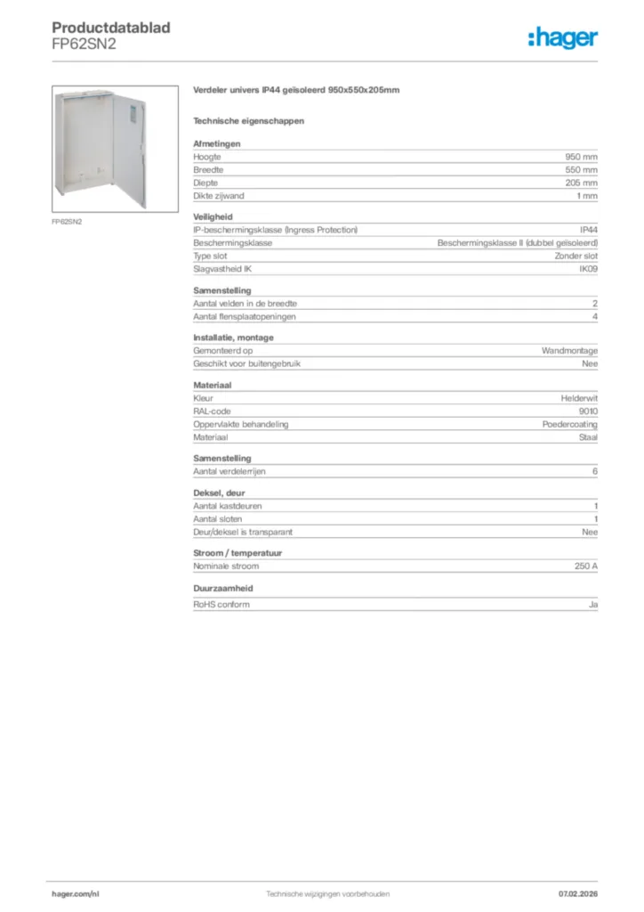 Afbeelding Hager Productdatablad FP62SN2 | Hager Nederland