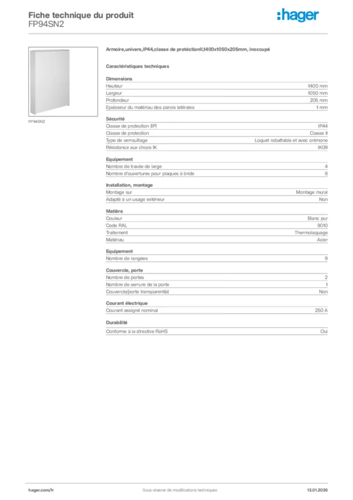 Image Hager Fiche technique du produit FP94SN2 | Hager France