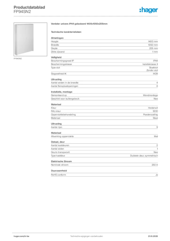 Afbeelding Hager Productdatablad FP94SN2 | Hager Belgium