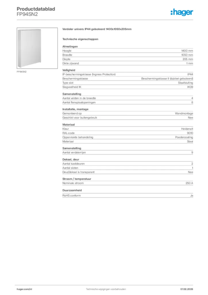 Afbeelding Hager Productdatablad FP94SN2 | Hager Nederland