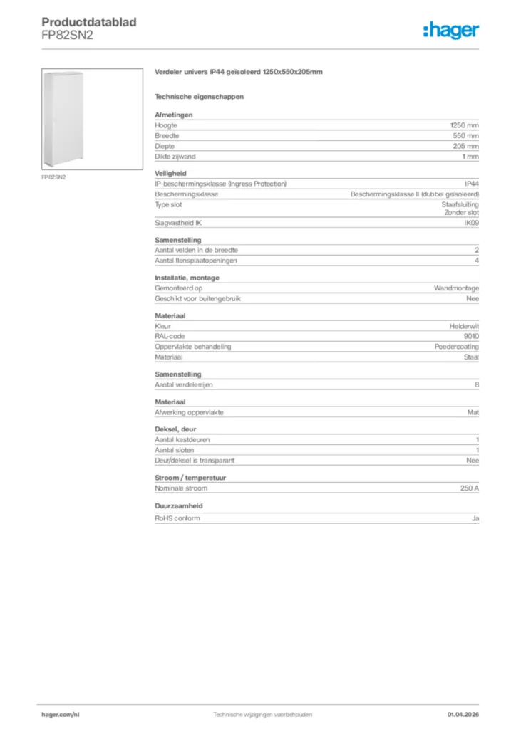 Afbeelding Hager Productdatablad FP82SN2 | Hager Nederland