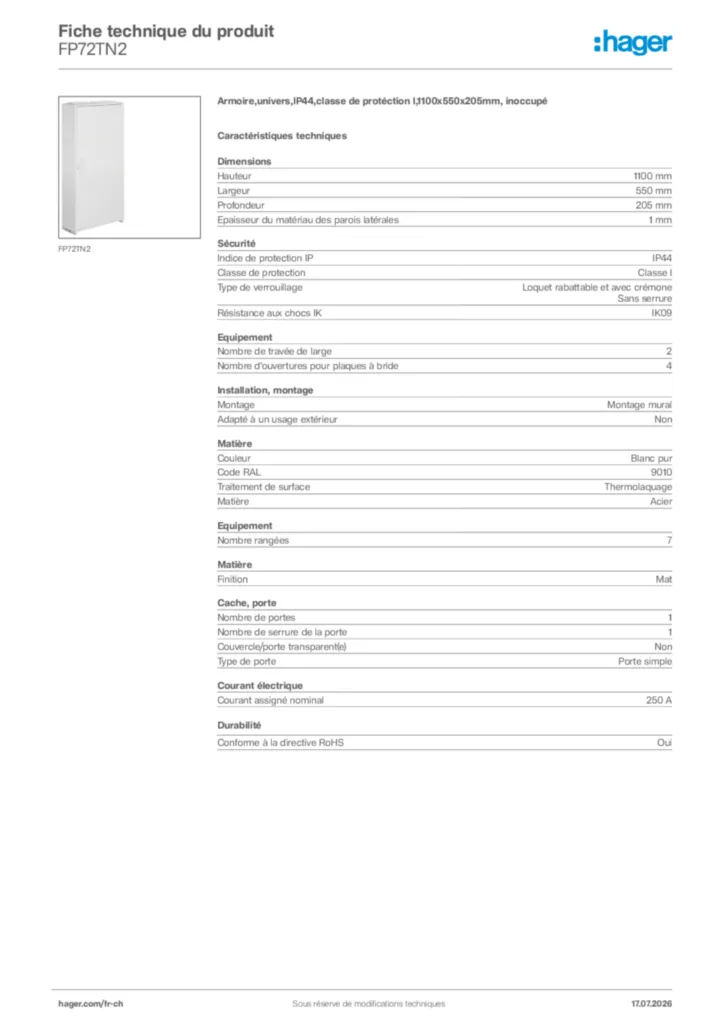 Image Hager Fiche technique du produit FP72TN2 | Hager Suisse