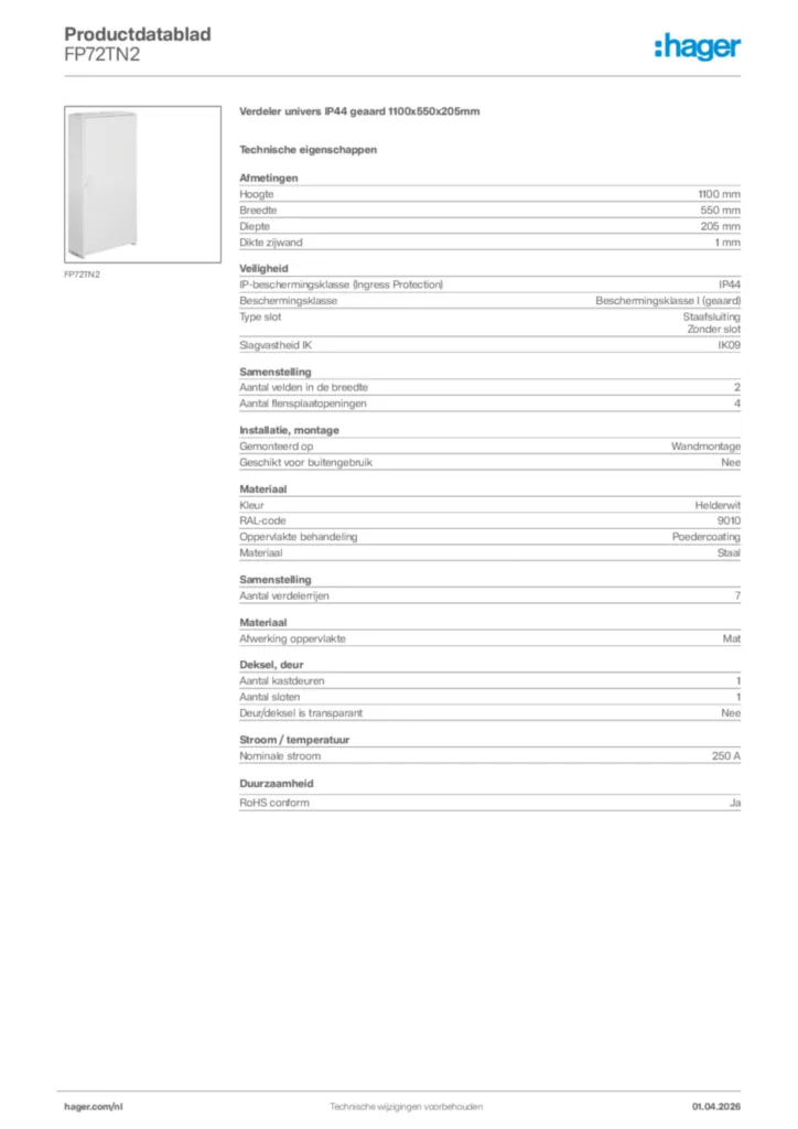 Afbeelding Hager Productdatablad FP72TN2 | Hager Nederland
