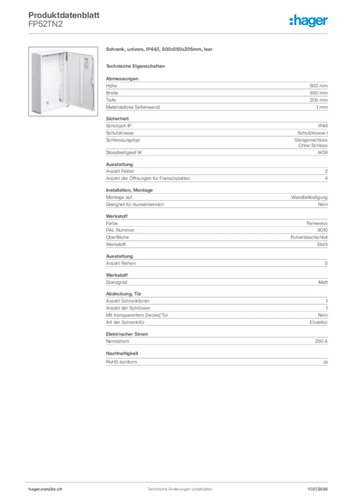 Bild Hager Produktdatenblatt FP52TN2 | Hager Schweiz