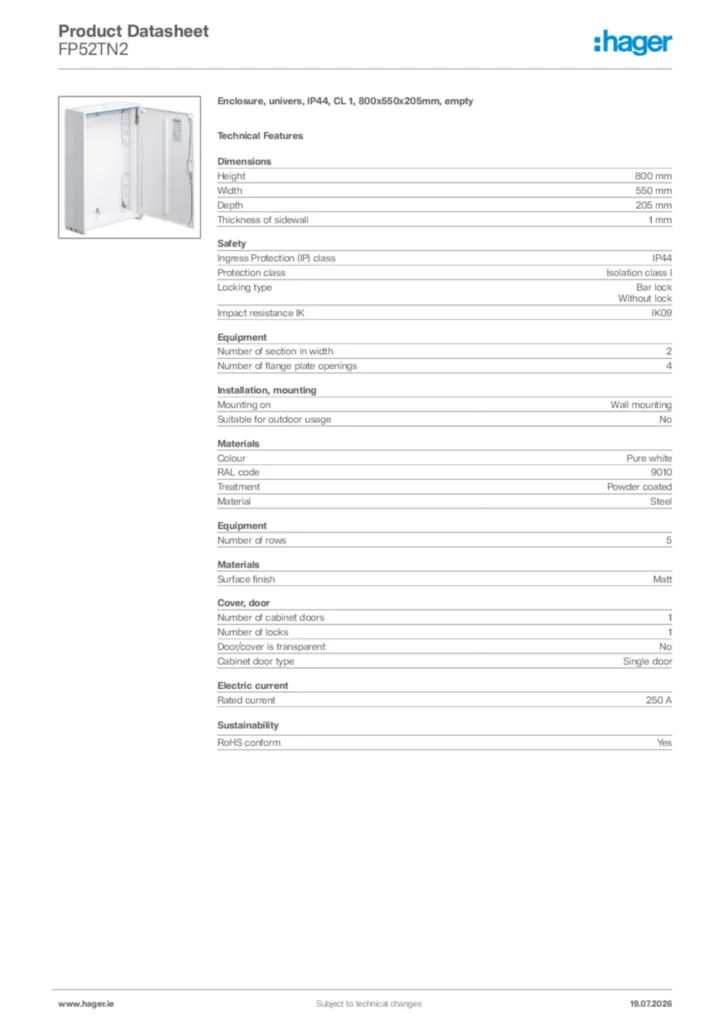 Image Hager Product data sheet FP52TN2  | Hager