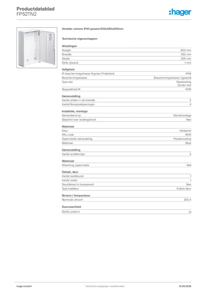 Afbeelding Hager Productdatablad FP52TN2 | Hager Nederland