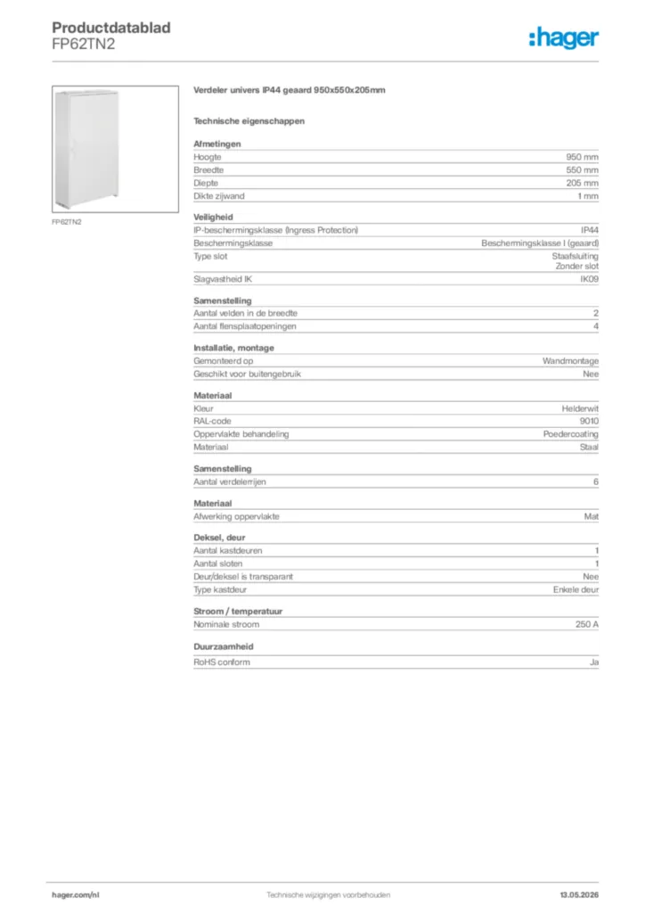 Afbeelding Hager Productdatablad FP62TN2 | Hager Nederland