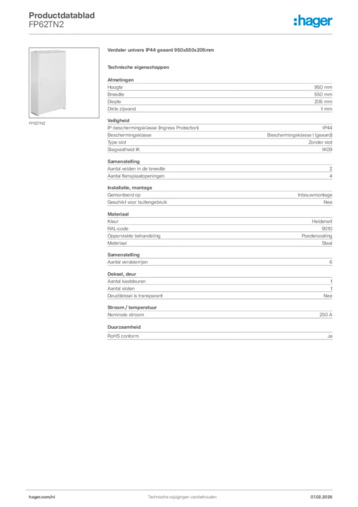 Afbeelding Hager Productdatablad FP62TN2 | Hager Nederland