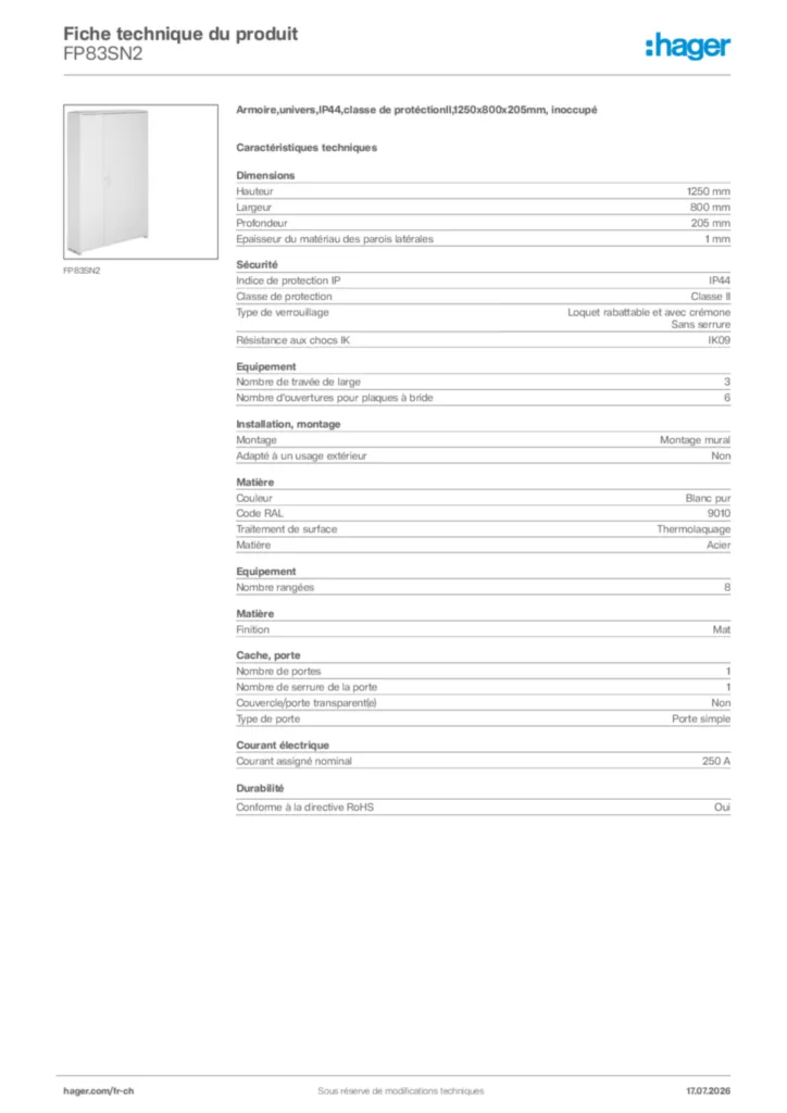 Image Hager Fiche technique du produit FP83SN2 | Hager Suisse
