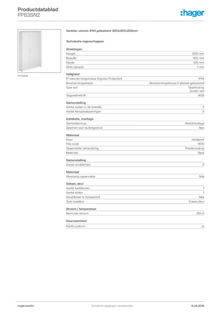 Afbeelding Hager Productdatablad FP83SN2 | Hager Nederland