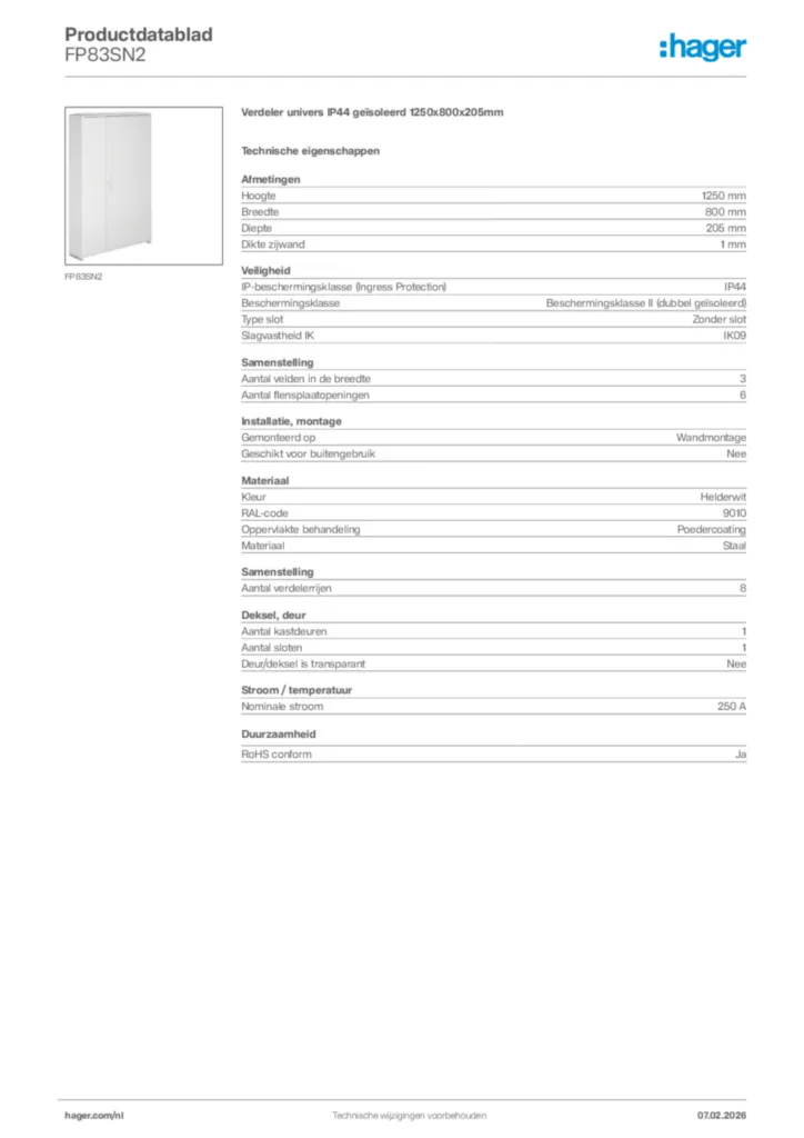 Afbeelding Hager Productdatablad FP83SN2 | Hager Nederland