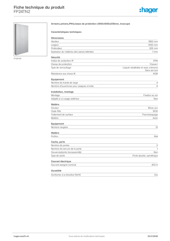 Image Hager Fiche technique du produit FP24TN2 | Hager Suisse