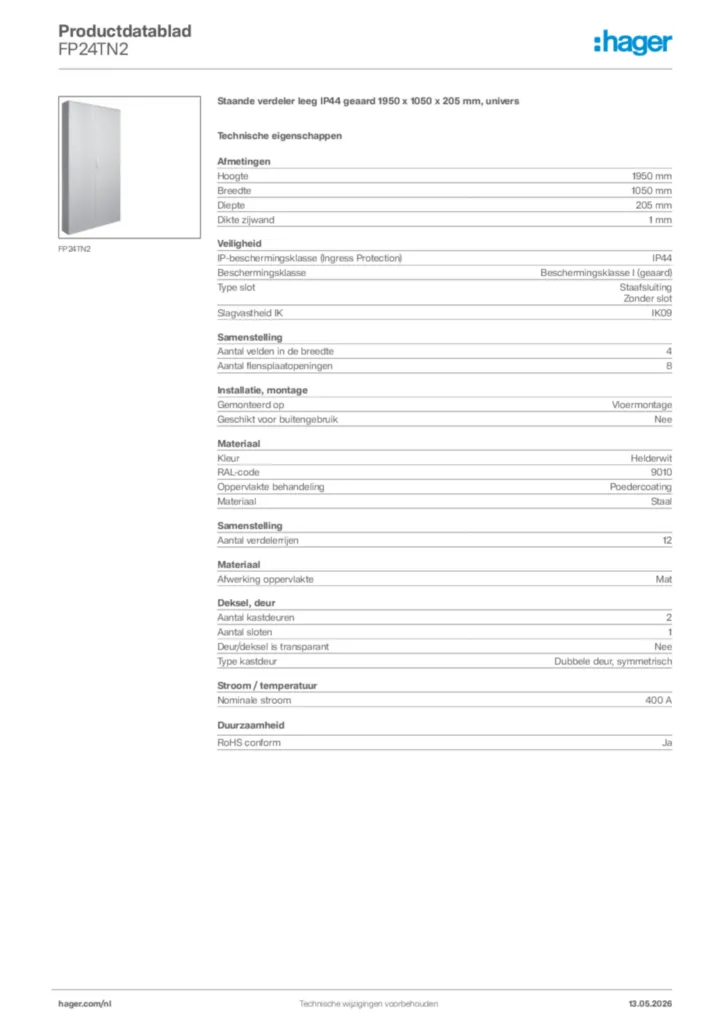 Afbeelding Hager Productdatablad FP24TN2 | Hager Nederland