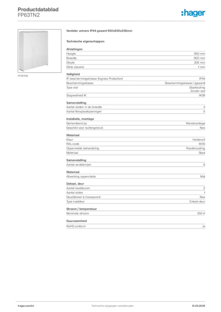 Afbeelding Hager Productdatablad FP63TN2 | Hager Nederland