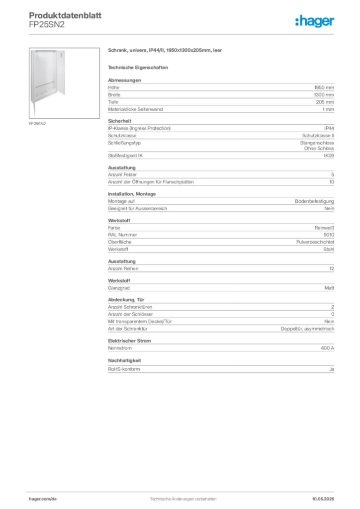 Bild Hager Produktdatenblatt FP25SN2 | Hager Deutschland
