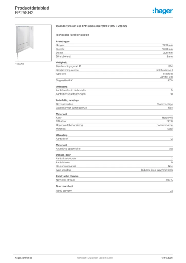 Afbeelding Hager Productdatablad FP25SN2 | Hager Belgium