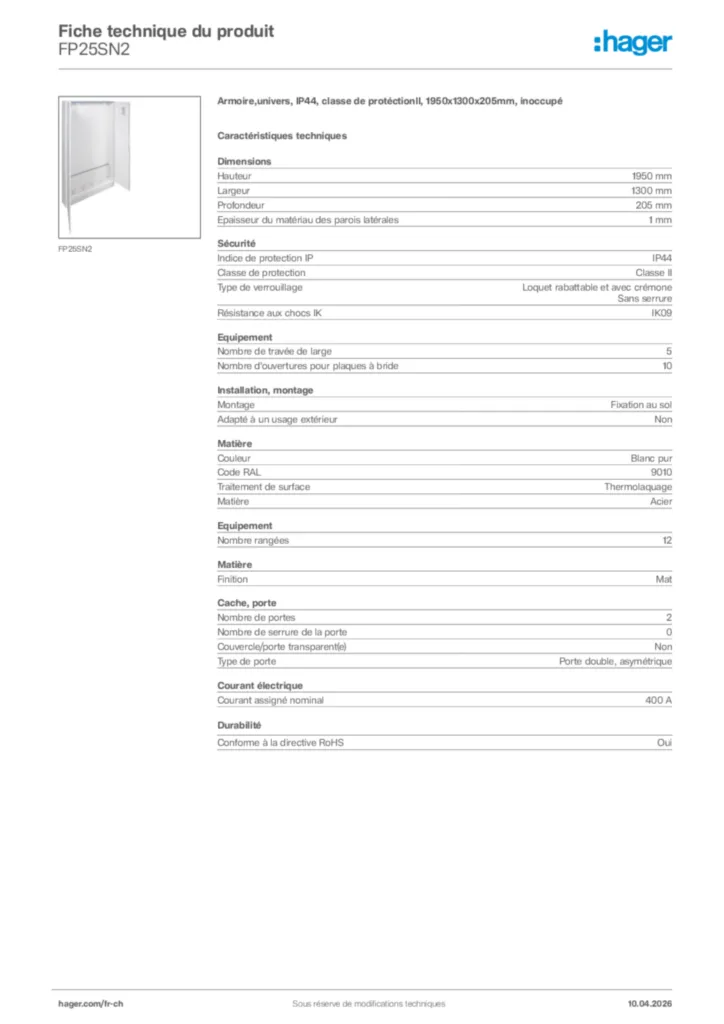 Image Hager Fiche technique du produit FP25SN2 | Hager Suisse