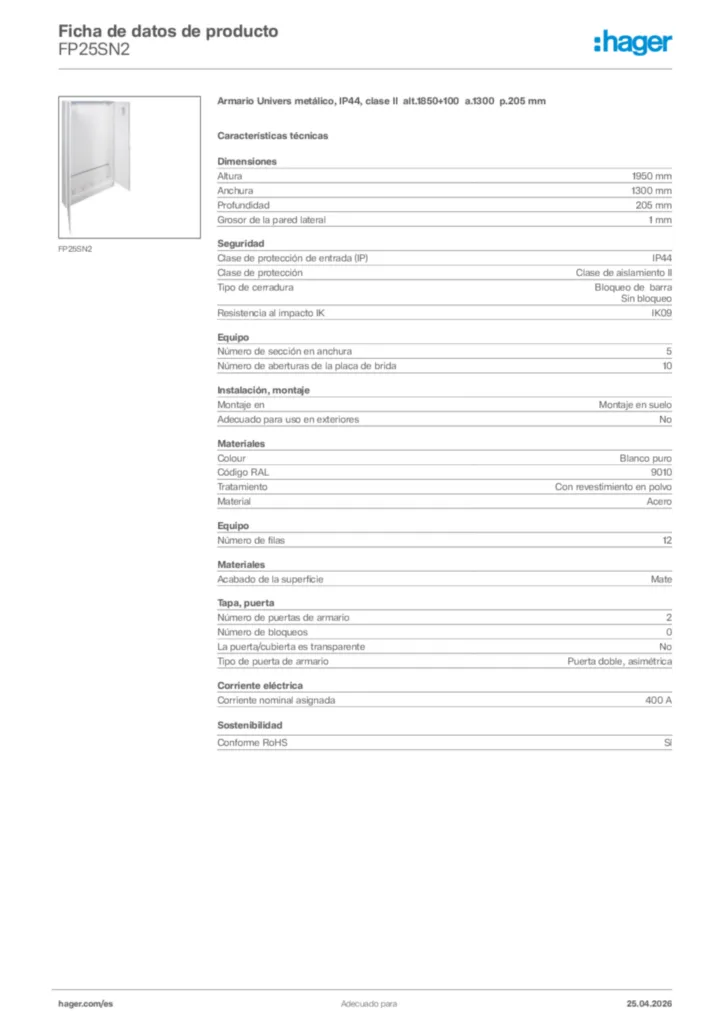 Imagen Hager Ficha de datos de producto FP25SN2 | Hager España