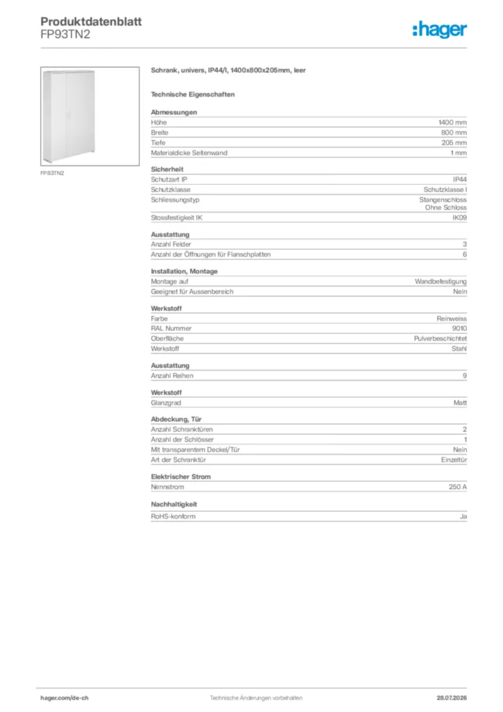 Bild Hager Produktdatenblatt FP93TN2 | Hager Schweiz
