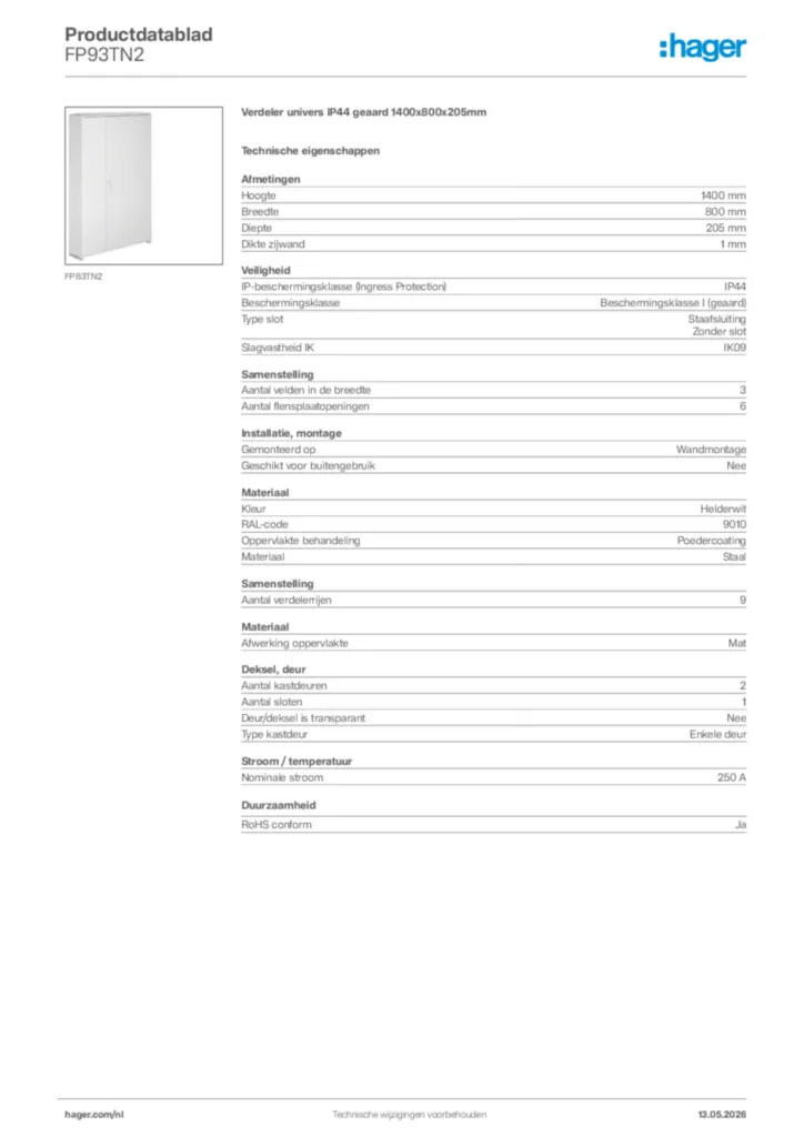 Afbeelding Hager Productdatablad FP93TN2 | Hager Nederland