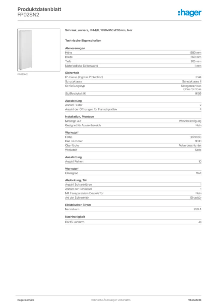 Bild Hager Produktdatenblatt FP02SN2 | Hager Deutschland