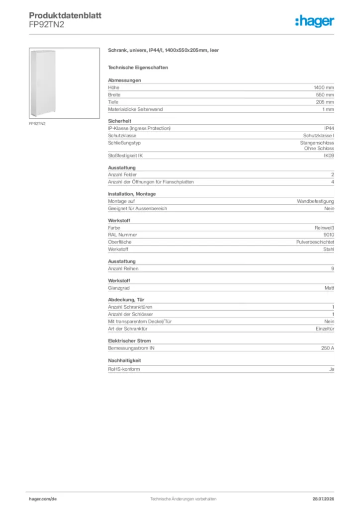 Bild Hager Produktdatenblatt FP92TN2 | Hager Deutschland
