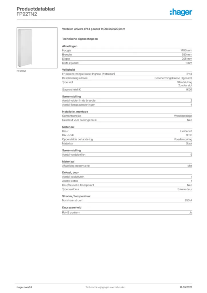 Afbeelding Hager Productdatablad FP92TN2 | Hager Nederland