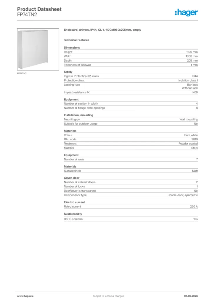 Image Hager Product data sheet FP74TN2  | Hager