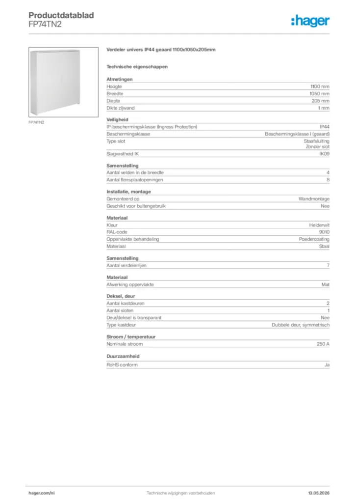 Afbeelding Hager Productdatablad FP74TN2 | Hager Nederland