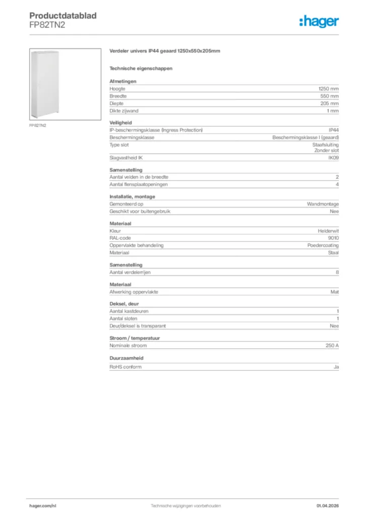 Afbeelding Hager Productdatablad FP82TN2 | Hager Nederland
