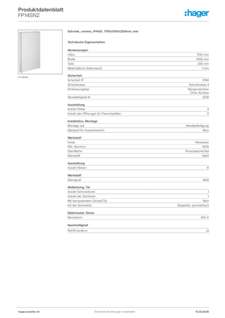 Bild Hager Produktdatenblatt FP14SN2 | Hager Schweiz