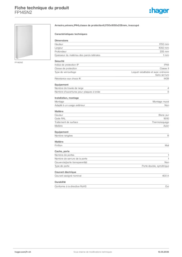 Image Hager Fiche technique du produit FP14SN2 | Hager Suisse