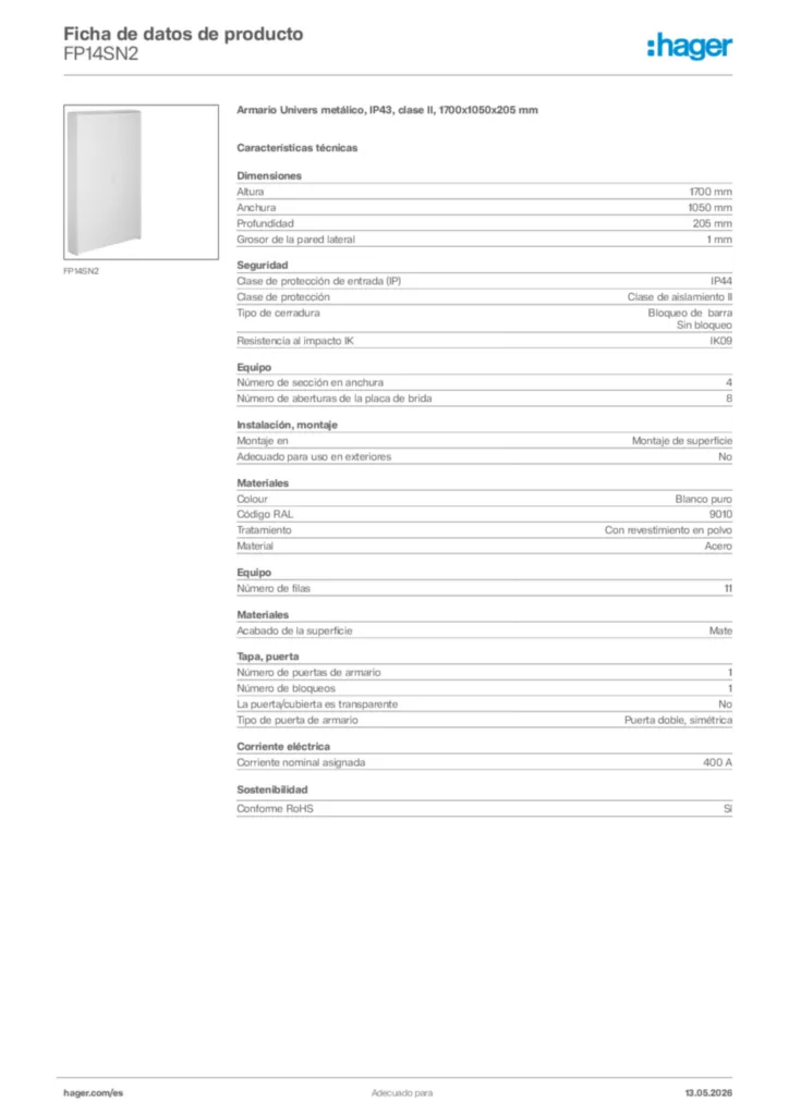 Imagen Hager Ficha de datos de producto FP14SN2 | Hager España