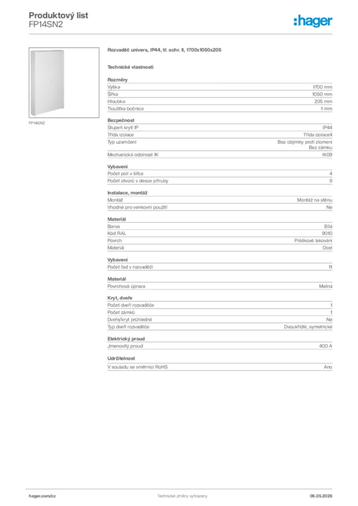 Obrázek Hager Product data sheet FP14SN2 | Hager